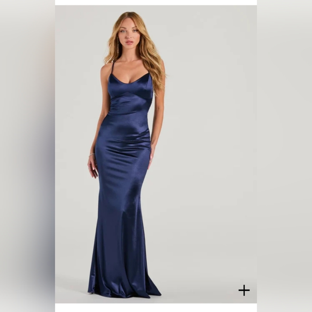 Navy  Lace-Up Mermaid Satin Formal Dress
